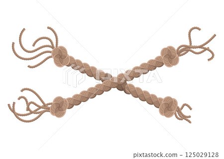 Hanging rope with tassel and node. Knitted nautical thread or marine vertical fiber. Textile tassel hang at rope isolated on white background. Vector illustration Hanging rope with tassel and node. Knitted nautical thread or marine vertical fiber. Textile tassel hang at rope isolated on white background. Vector illustration 125029128