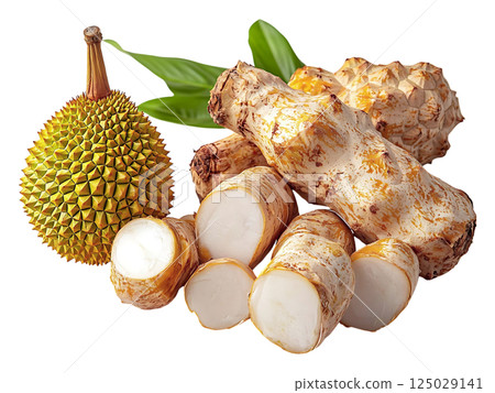 Exotic tropical fruits  roots. Vibrant durian  unusual root vegetables create a striking still life, perfect for culinary, health, or exotic travel themes. 125029141