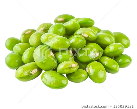Vibrant green edamame beans, freshly harvested, glistening with dew.  A healthy, nutritious image perfect for illustrating wellness, vegetarianism, or culinary themes. 125029151
