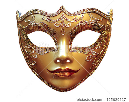 Elegant gold Venetian mask, intricately detailed with sparkling accents. A symbol of mystery, disguise, and celebration, perfect for Mardi Gras, theater, or fantasy concepts. Elegant gold Venetian mask, intricately detailed with sparkling accents. A symbol of mystery, disguise, and celebration, perfect for Mardi Gras, theater, or fantasy concepts. 125029217