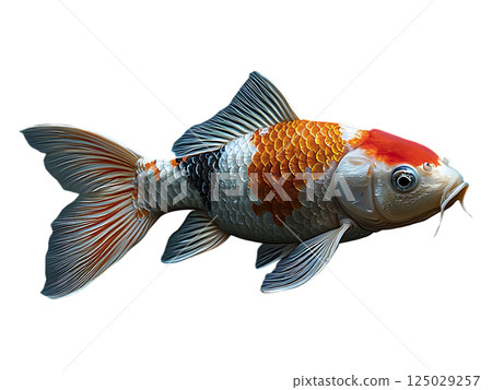 Stunning koi fish gracefully swims through a serene water garden, its vibrant scales contrasting beautifully with the pristine white water lilies. 125029257