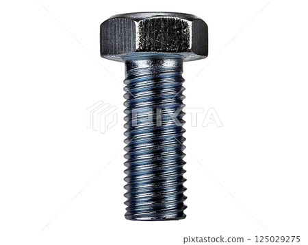 High-resolution close-up of a single hexagon head bolt against a clean white background. 125029275