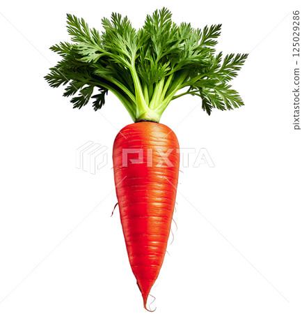 Vibrant single carrot with lush green top, shot against a clean white background.  Perfect for food blogs, cookbooks, or healthy eating campaigns. 125029286