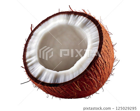 A half coconut, showcasing its creamy white flesh and textured brown husk, is presented against a clean white background. 125029295