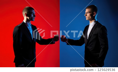 Two identical people fave to face, doppelganger concept, twin, double 125029536