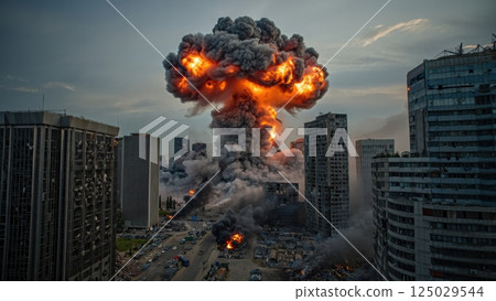 Nuclear mushroom cloud rising over urban skyline, devastating city buildings and generating immense destruction during simulated apocalyptic nuclear weapon scenario Nuclear mushroom cloud rising over urban skyline, devastating city buildings and generating immense destruction during simulated apocalyptic nuclear weapon scenario 125029544
