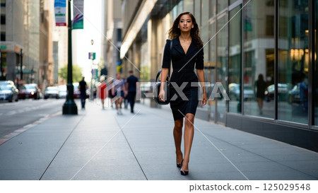 beautiful woman in a dress walking in the city down the streets beautiful woman in a dress walking in the city down the streets 125029548