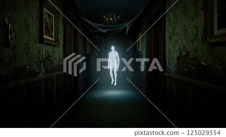 An eerie white figure floating in a hall of abandoned mansion, horror movie scene 125029554