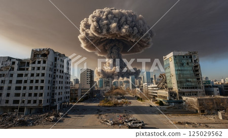Nuclear mushroom cloud rising over urban skyline, devastating city buildings and generating immense destruction during simulated apocalyptic nuclear weapon scenario Nuclear mushroom cloud rising over urban skyline, devastating city buildings and generating immense destruction during simulated apocalyptic nuclear weapon scenario 125029562