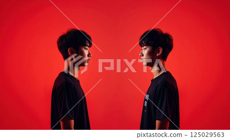 Two identical people fave to face, doppelganger concept, twin, double 125029563