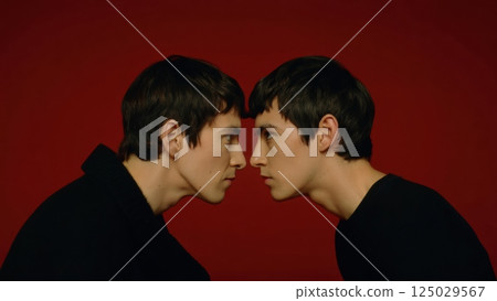 Two identical people fave to face, doppelganger concept, twin, double 125029567