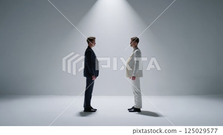 Two identical people fave to face, doppelganger concept, twin, double 125029577