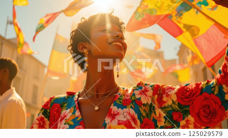African american woman in colorful floral dress celebrating under festive flags. Summer festival, Juneteenth, Caribbean carnival, Pride month or cultural diversity celebration concept African american woman in colorful floral dress celebrating under festive flags. Summer festival, Juneteenth, Caribbean carnival, Pride month or cultural diversity celebration concept 125029579