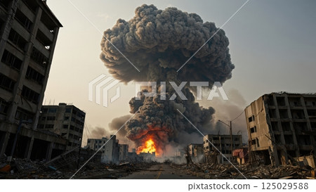 Nuclear mushroom cloud rising over urban skyline, devastating city buildings and generating immense destruction during simulated apocalyptic nuclear weapon scenario Nuclear mushroom cloud rising over urban skyline, devastating city buildings and generating immense destruction during simulated apocalyptic nuclear weapon scenario 125029588