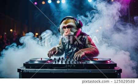 funny monkey dj in action on the party 125029589