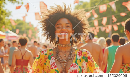 African american woman in colorful floral dress celebrating under festive flags. Summer festival, Juneteenth, Caribbean carnival, Pride month or cultural diversity celebration concept 125029606