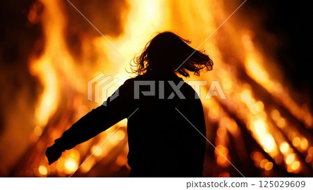 silhouette of a witch dancing near the big fire silhouette of a witch dancing near the big fire 125029609