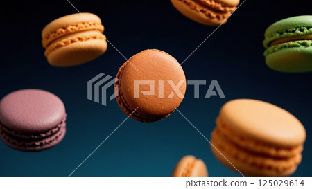 Delicious macarons, floating in the air, 125029614
