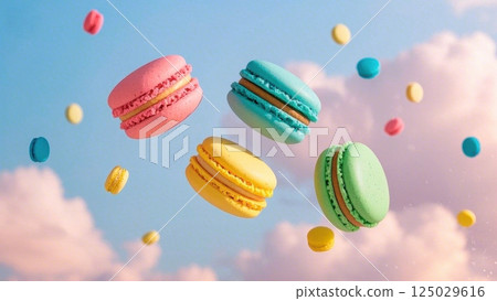 Delicious macarons, floating in the air, 125029616