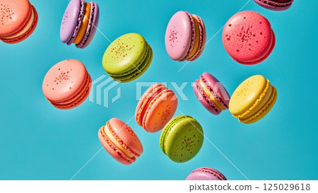 Delicious macarons, floating in the air, 125029618
