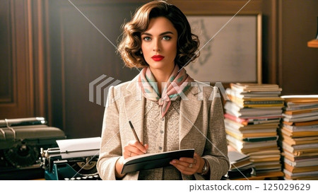 Photoshoot portraying female reporter, a strong and empowered woman, vintage setting 125029629