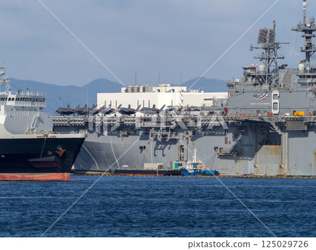 The America-class amphibious assault ship America, anchored in the southern port of Osaka. 125029726