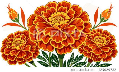 A close-up view of orange marigolds, rendered in a detailed folk art style, highlights the intricate details of the flower petals and the bold use of color typical of this artistic tradition, creatin A close-up view of orange marigolds, rendered in a detailed folk art style, highlights the intricate details of the flower petals and the bold use of color typical of this artistic tradition, creatin 125029782