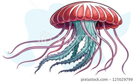 A detailed close-up of jellyfish against a white negative space highlights the intricate details of their tentacles and bell-shaped bodies, creating a high-quality image perfect for marine biology pu A detailed close-up of jellyfish against a white negative space highlights the intricate details of their tentacles and bell-shaped bodies, creating a high-quality image perfect for marine biology pu 125029799
