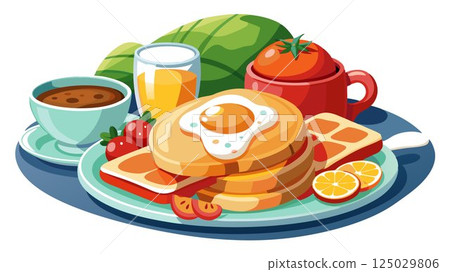 A detailed close-up of a breakfast scene highlights the textures and vibrant colors of the food, creating a high-quality image suitable for food blogs, restaurant menus, or any application requiring A detailed close-up of a breakfast scene highlights the textures and vibrant colors of the food, creating a high-quality image suitable for food blogs, restaurant menus, or any application requiring 125029806