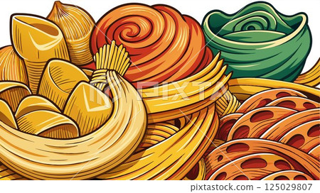 A detailed close-up of the pasta assortment reveals the intricate details of each pasta shape, their textures, and the subtle variations in color, creating a high-quality image suitable for culinary 125029807