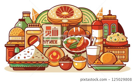 A detailed close-up of a street food collection reveals the intricate details and textures of various dishes, creating a high-quality image suitable for food blogs, travel publications, or any applic 125029808