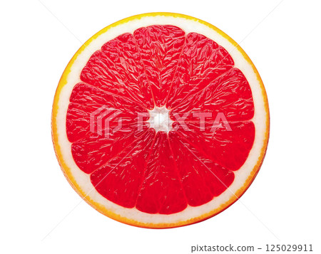 Vibrant close-up of a juicy grapefruit slice, showcasing its rich red segments and textured rind.  Perfect for food blogs, healthy eating campaigns, or recipes featuring citrus fruits. 125029911