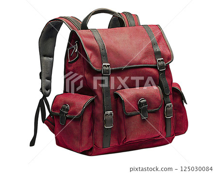 Stylish maroon backpack with rich brown leather accents.  Perfect for travel, adventure, or everyday use. 125030084