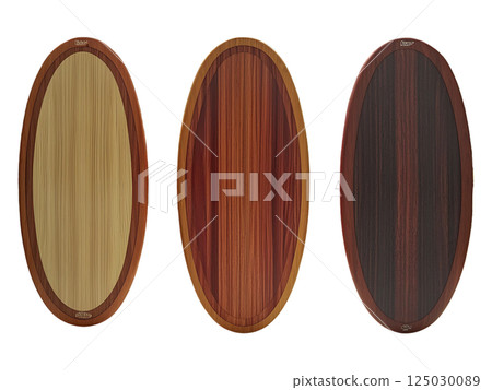 Three elegant oval wooden boards, showcasing rich wood grain variations, stand against a sunlit window overlooking a cityscape.  Perfect for interior design, wellness, or lifestyle concepts. 125030089