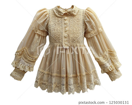 Elegant cream lace dress, vintage style. Delicate embroidery and ruffled sleeves. Perfect for fashion, history, or fairytale themes.  Evokes romance, nostalgia, and femininity. 125030131