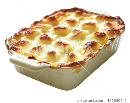 Goldenbrown gratin dauphinois in a rustic white ceramic baking dish.  A comforting, classic French dish, perfect for showcasing homecooked meals, culinary blogs, or restaurant menus. 125030341