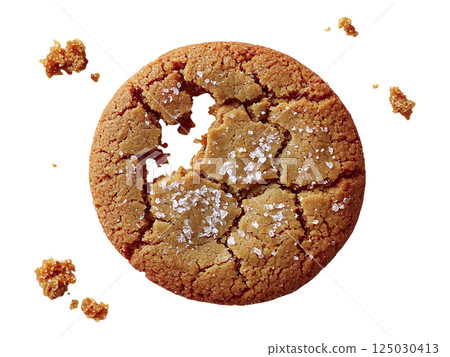 A rustic, cracked brown sugar cookie sprinkled with sea salt sits on a white textured background.  A few crumbs are scattered nearby. 125030413