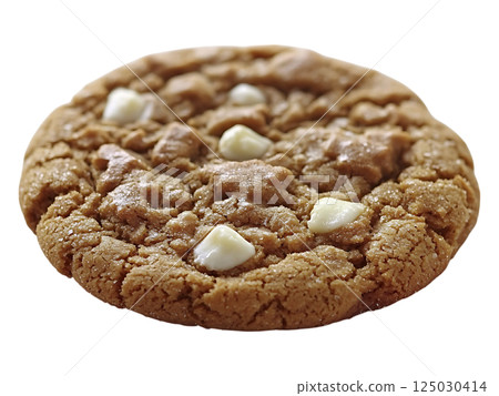 Closeup of a goldenbrown cookie studded with white chocolate chips.  Its rustic texture and slightly irregular shape evoke warmth and homemade goodness. 125030414