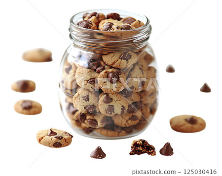 A mason jar overflows with freshly baked chocolate chip cookies, scattered around it on a pristine white background. 125030416