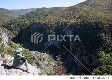 Beautiful landscape to the sky with clouds and green forest from the top of the mountain 125030745