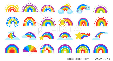 Cartoon Rainbow Icon Set. Hand Drawn and Simple Colorful Rainbows with Sun, Clouds, Heart, Star Elements Cartoon Rainbow Icon Set. Hand Drawn and Simple Colorful Rainbows with Sun, Clouds, Heart, Star Elements 125030765
