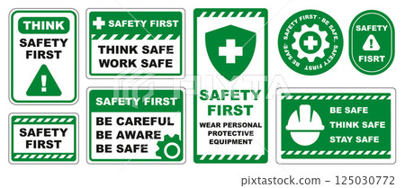 Safety First Sign Set. Think Safe Warning Labels with Icons and Editable Text 125030772