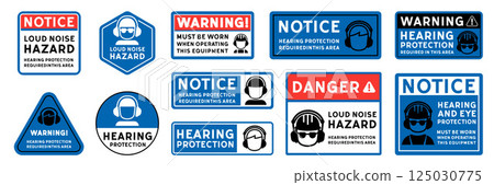 Hearing Protection Required Sign Set. Editable Safety Notice Signboards with Ear Protection Icons and text.. Hearing Protection Required Sign Set. Editable Safety Notice Signboards with Ear Protection Icons and text.. 125030775
