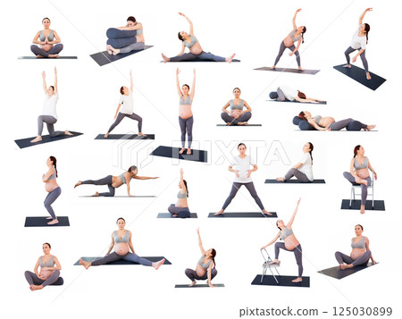 Pregnant woman is engaged in yoga. Butterfly Pose or Baddha Konasana 125030899
