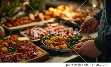 Chef Serving Roasted Meat and Vegetables in a Buffet Setting 125031258