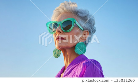 Confident Stylish Senior Woman in Bold Fashion and Sunglasses 125031260
