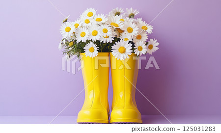 Stylish Rubber Boots with Fresh Daisies on Pastel Background 125031283