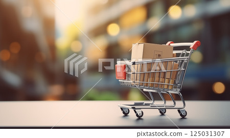 A shopping cart loaded with colorful shopping bags, representing a shopping spree. Perfect for content related to retail, shopping, consumerism, fashion, and the retail experience 125031307