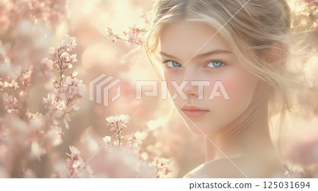 Serene Portrait of a Young Woman Amid Blooming Flowers 125031694