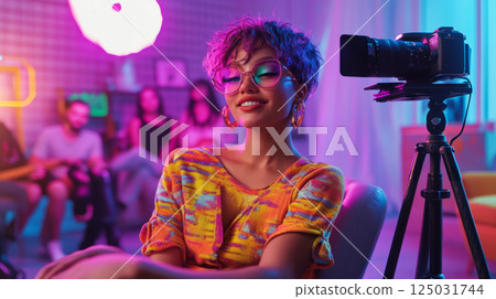 Confident Content Creator Filming in a Neon-Lit Studio 125031744